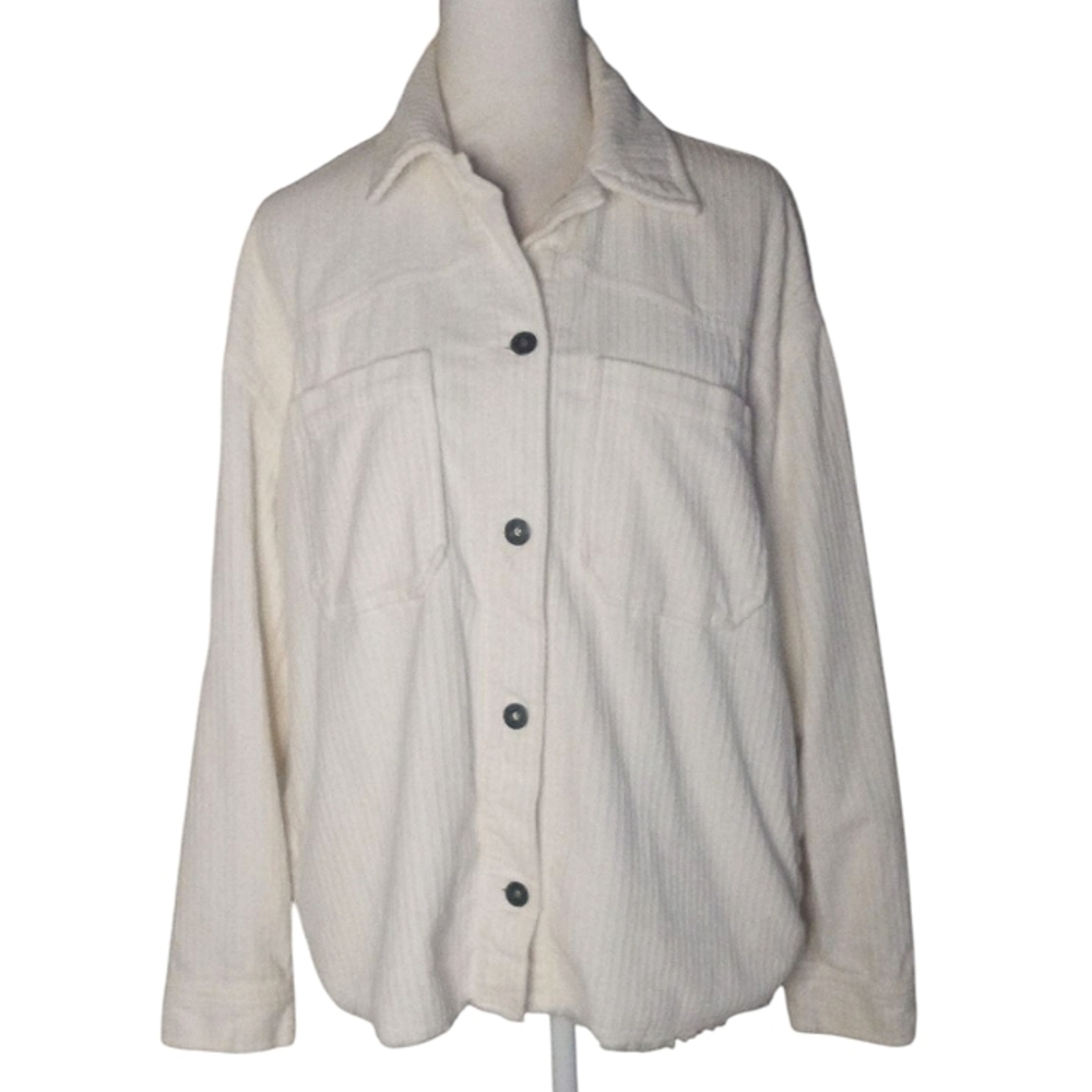 Zara Cream Cotton Corduroy Button Front Shacket Pockets Raw Hem Size Small
